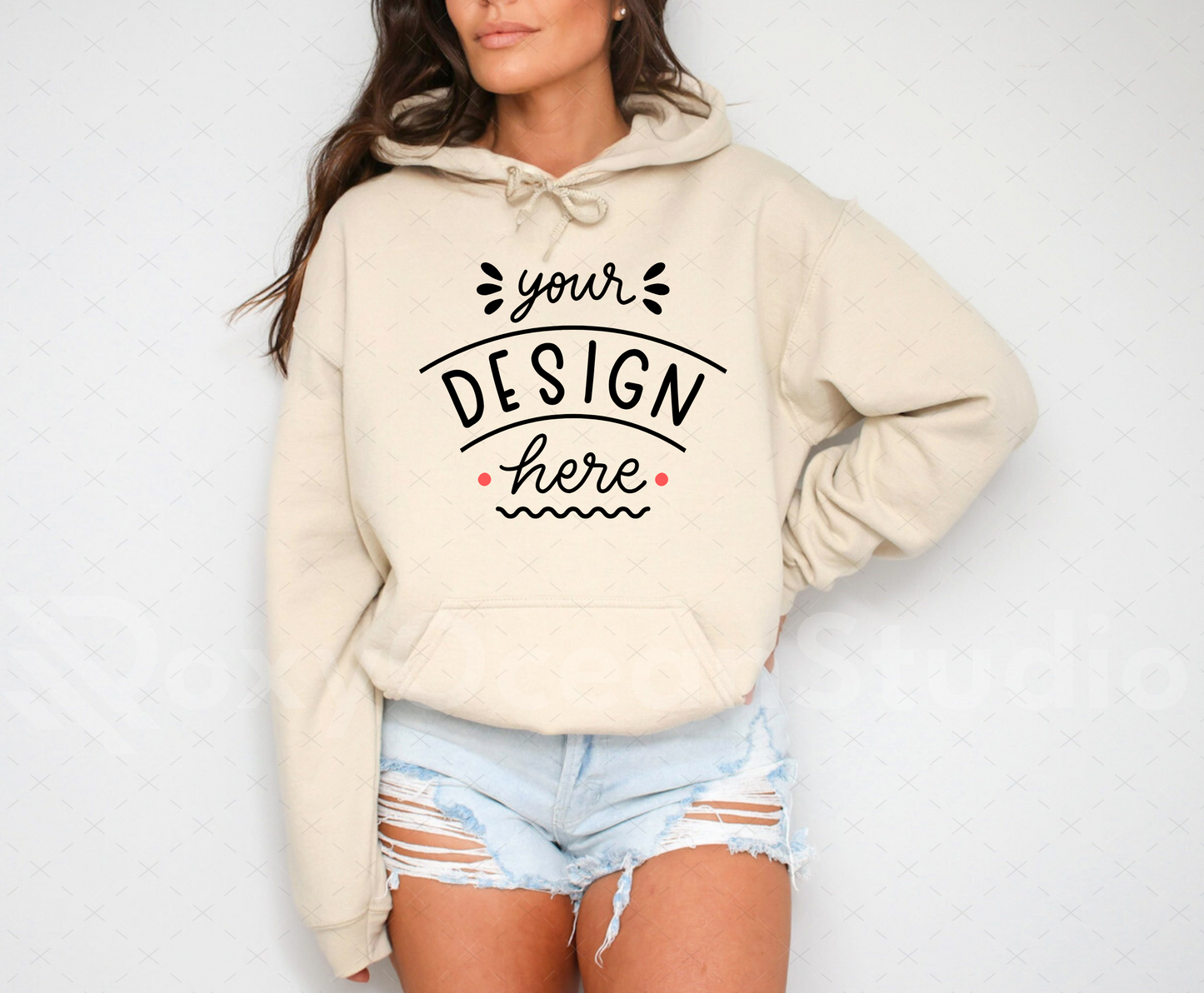 Gildan 18500 Mockup – Sand Hooded Sweatshirt Mockup on Model | Style 8