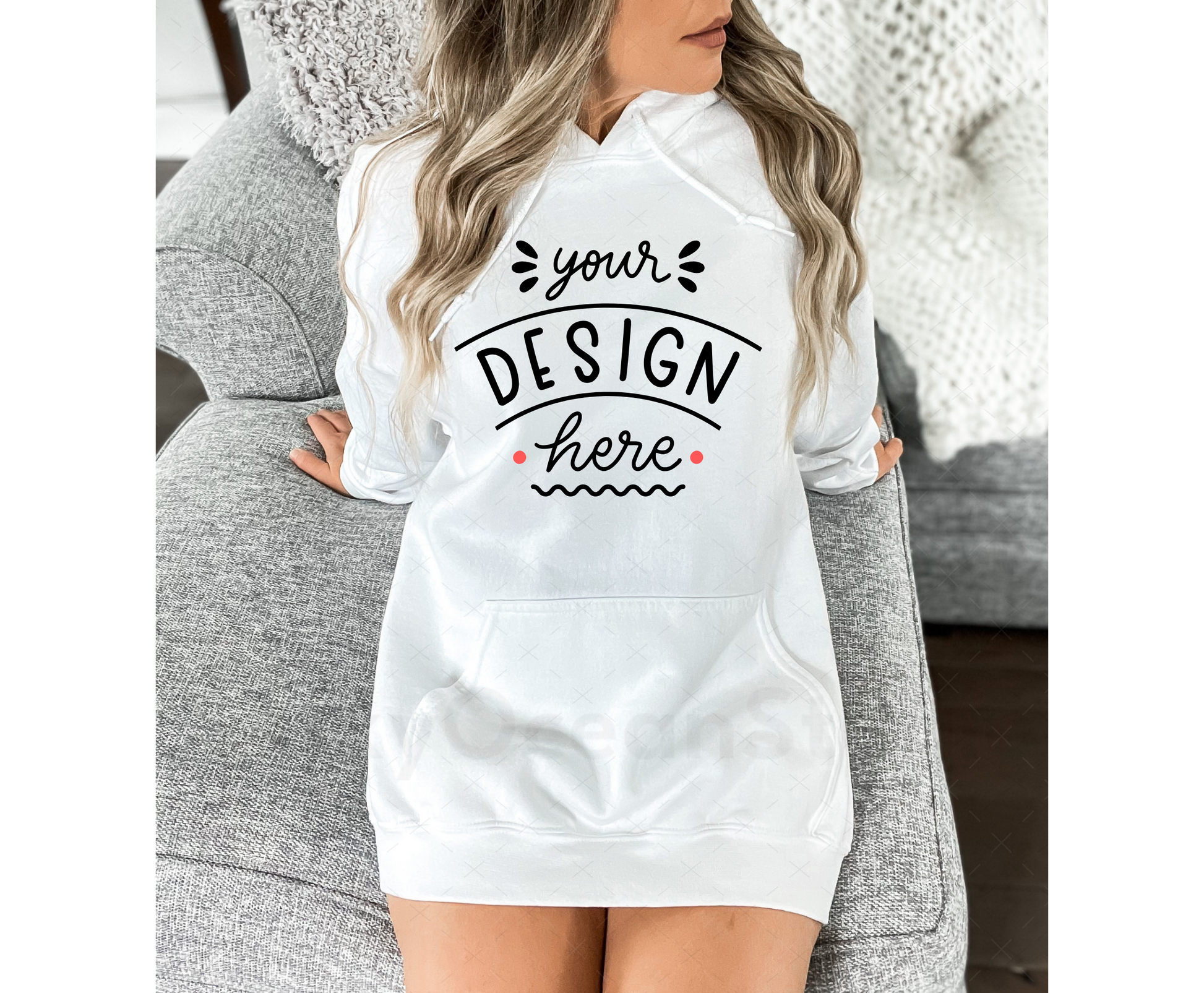 Gildan 18500 Mockup – White Hooded Sweatshirt Mockup on Model | Style 3