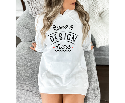 Gildan 18500 Mockup – White Hooded Sweatshirt Mockup on Model | Style 3