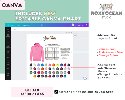 Gildan 18500 Sweatshirt Size Chart + Color Chart (Editable)