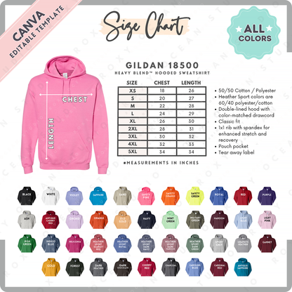 Gildan 18500 Sweatshirt Size Chart + Color Chart (Editable)