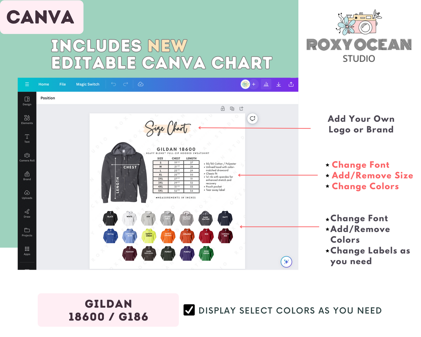 Gildan 18600 Sweatshirt Size Chart + Color Chart (Editable)