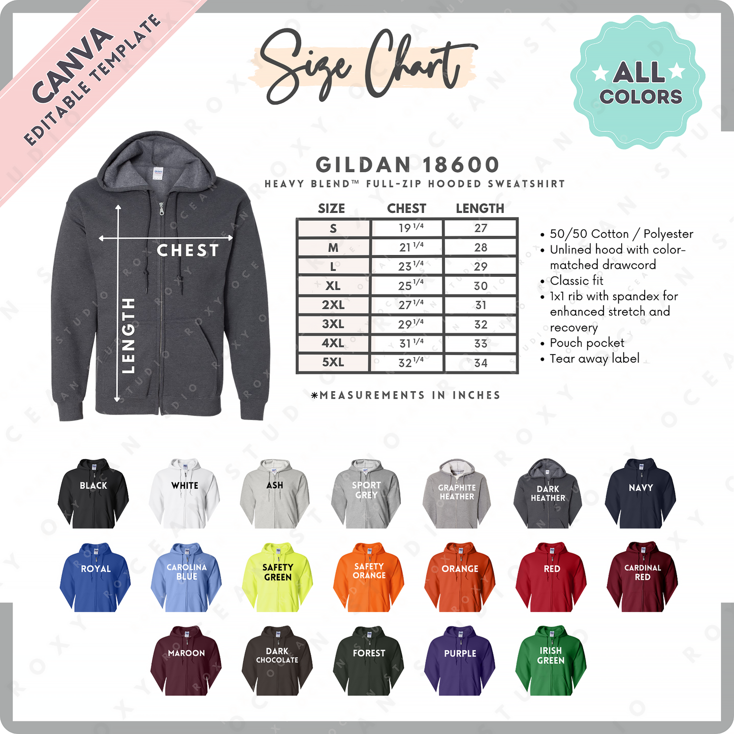 Gildan 18600 Sweatshirt Size Chart + Color Chart (Editable)