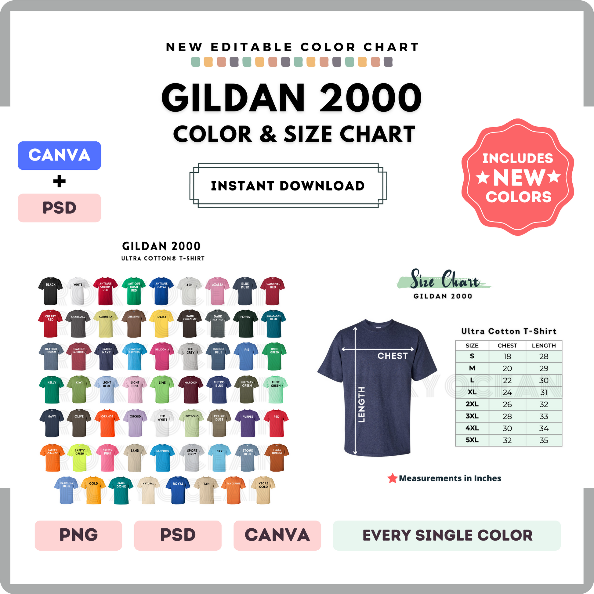 Gildan 2000 Color and Size Chart