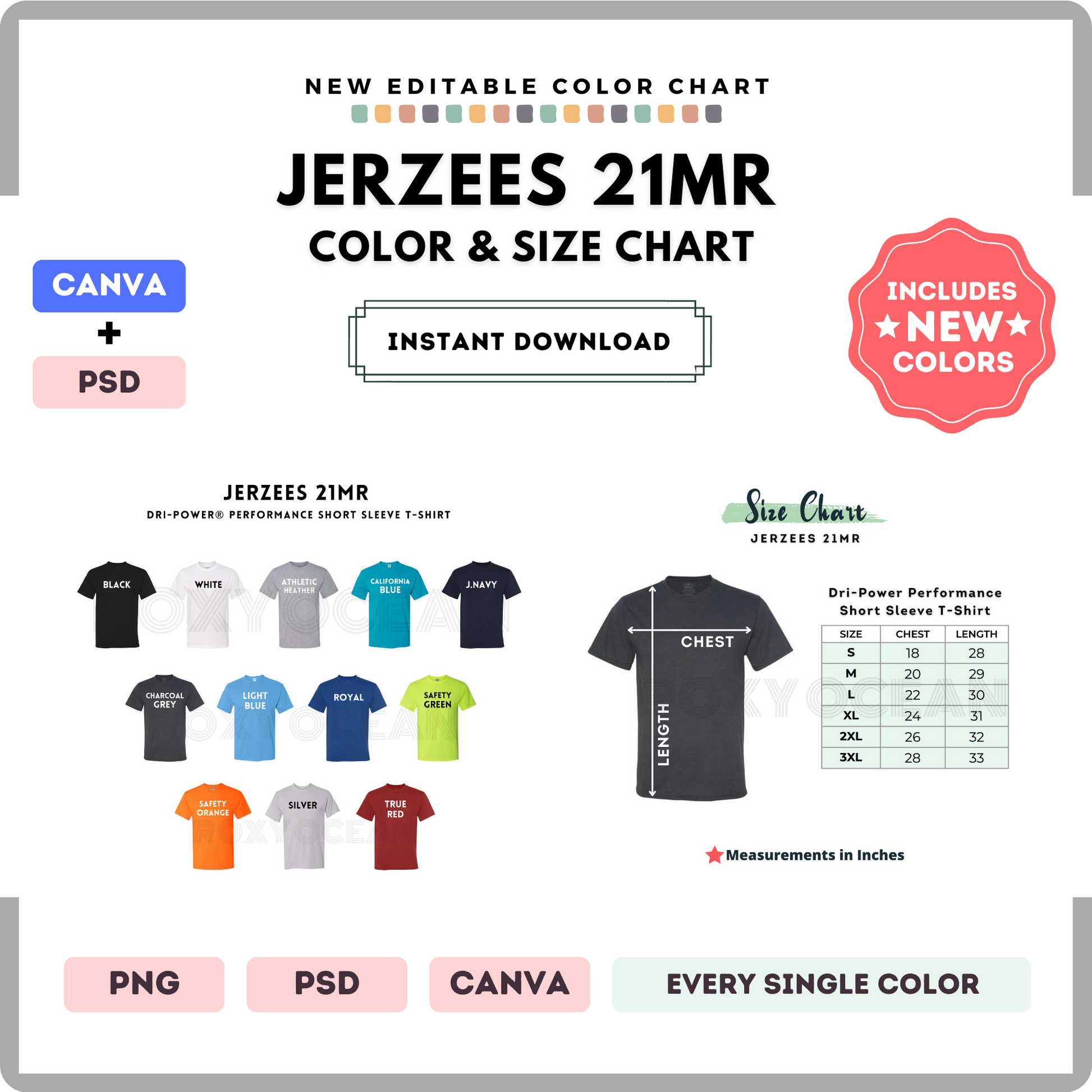Jerzees 21MR Color and Size Chart