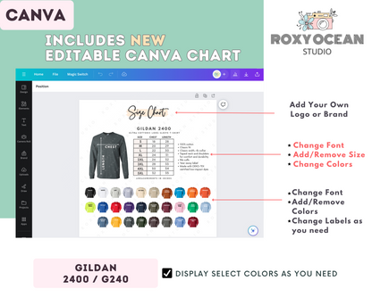 Gildan 2400 T-Shirt Size Chart + Color Chart (Editable)