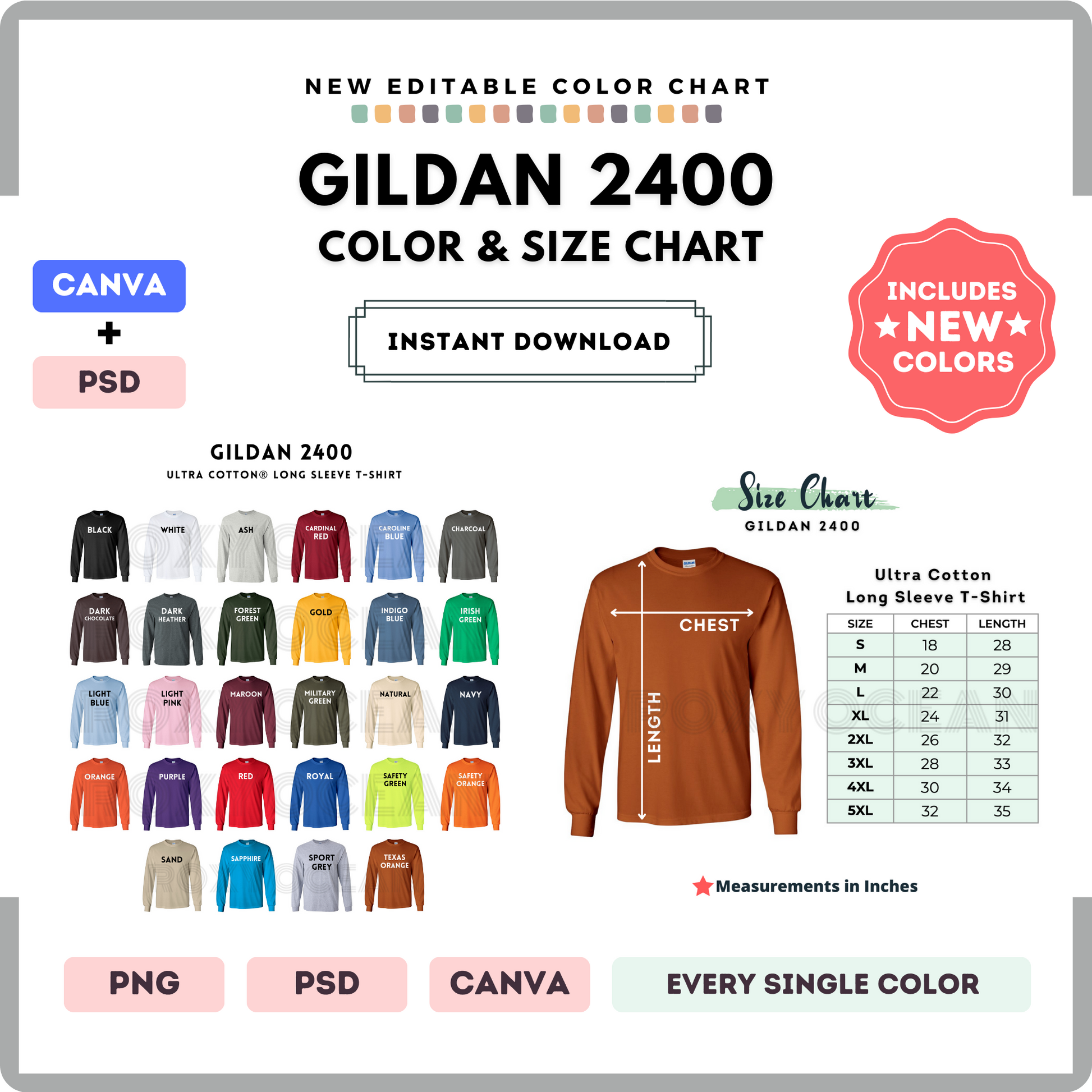 Gildan 2400 Color and Size Chart