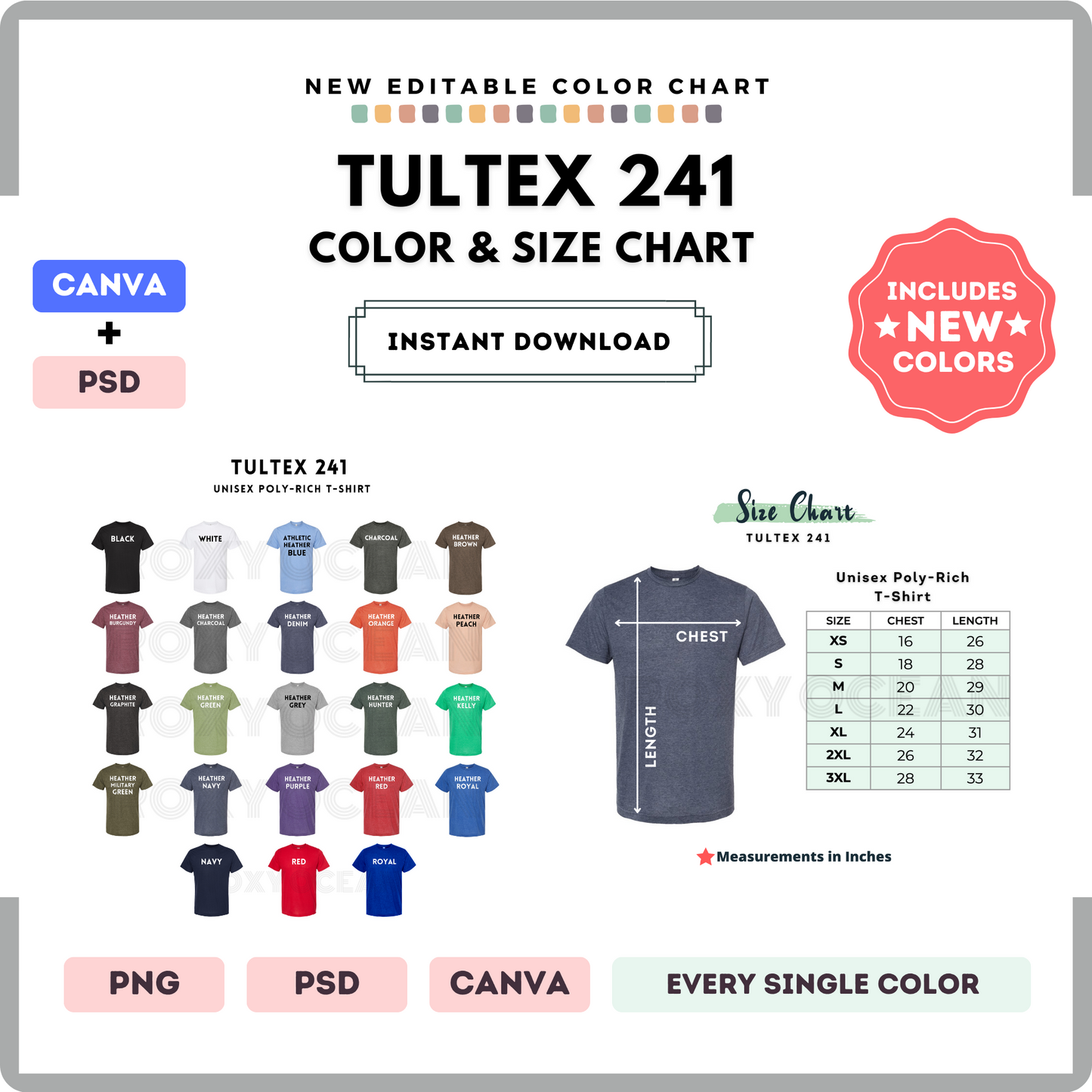 Tultex 241 Color and Size Chart