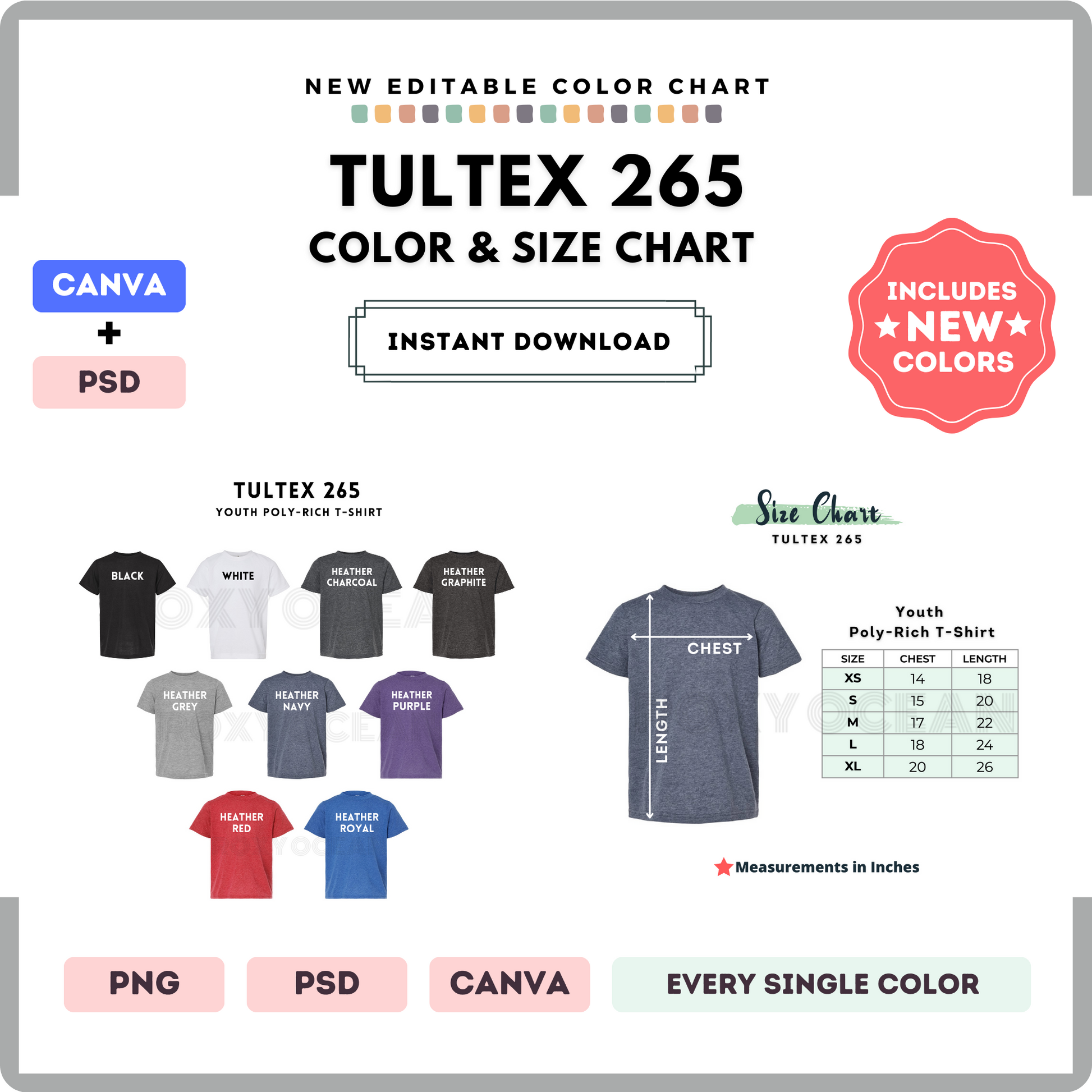 Tultex 265 Color and Size Chart