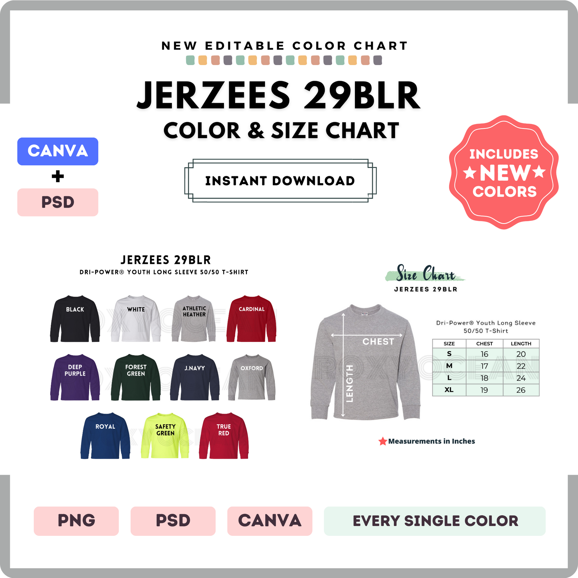 Jerzees 29BLR Color and Size Chart