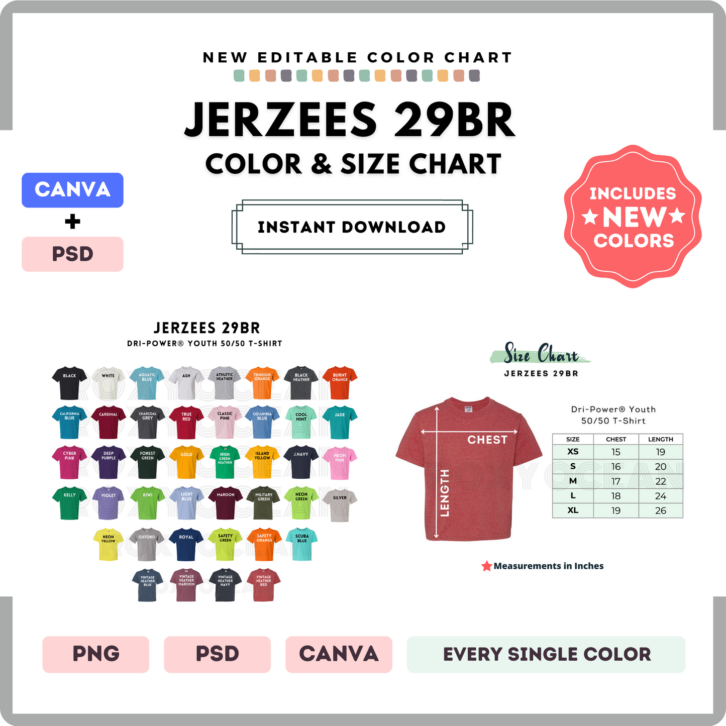 Jerzees 29BR Color and Size Chart