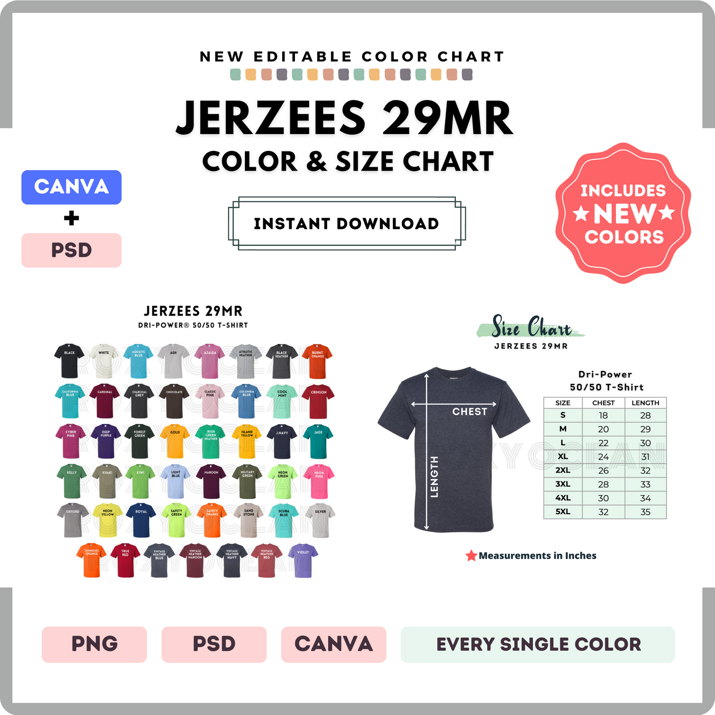 Jerzees 29MR Color and Size Chart