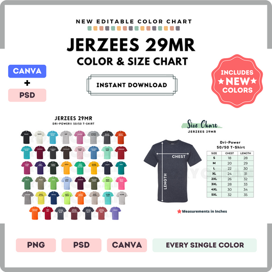 Jerzees 29MR Color and Size Chart