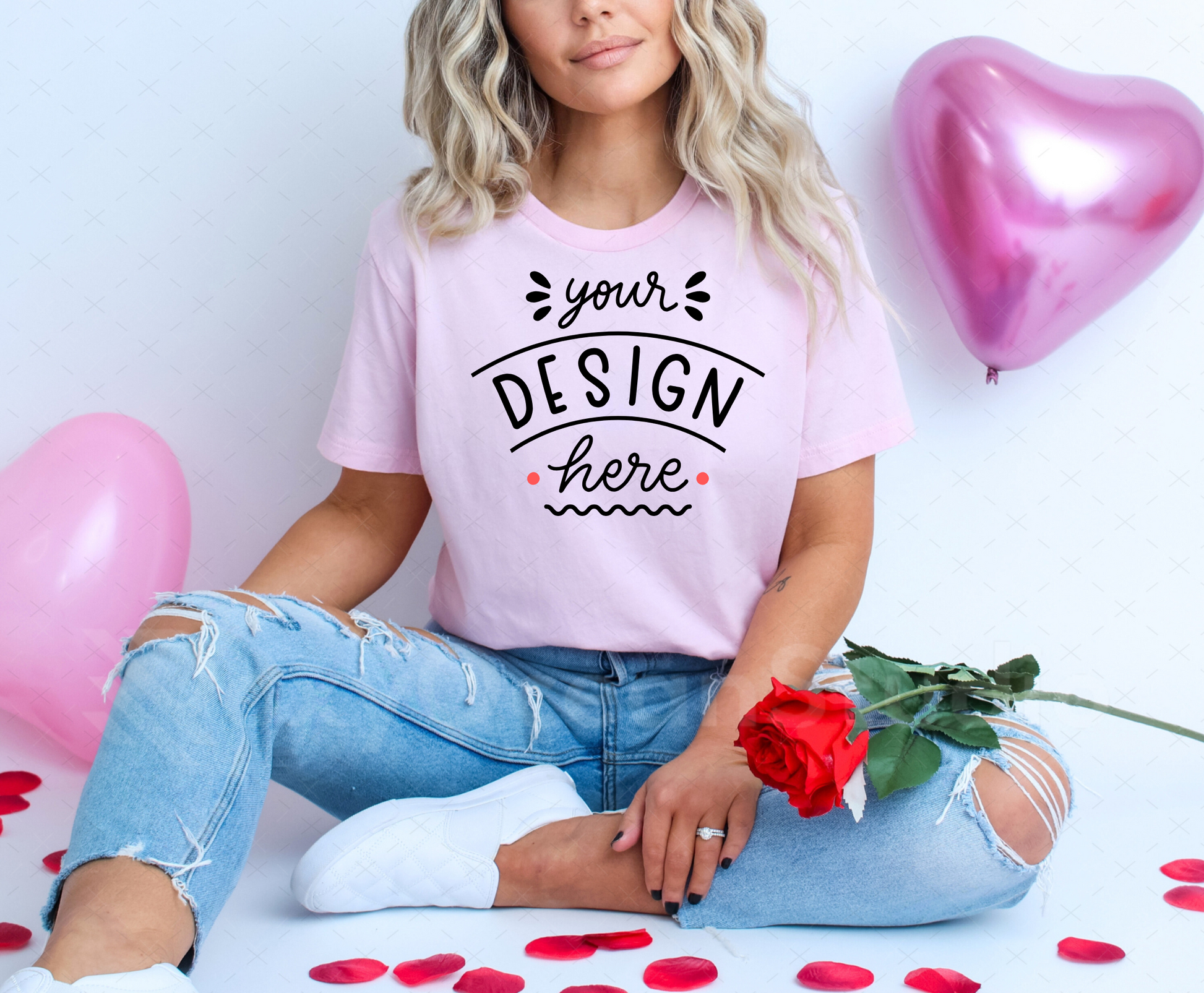 Bella Canvas 3001 Mockup – Light Pink T-Shirt Mockup on Model | Valentine’s Day Theme | Style 4