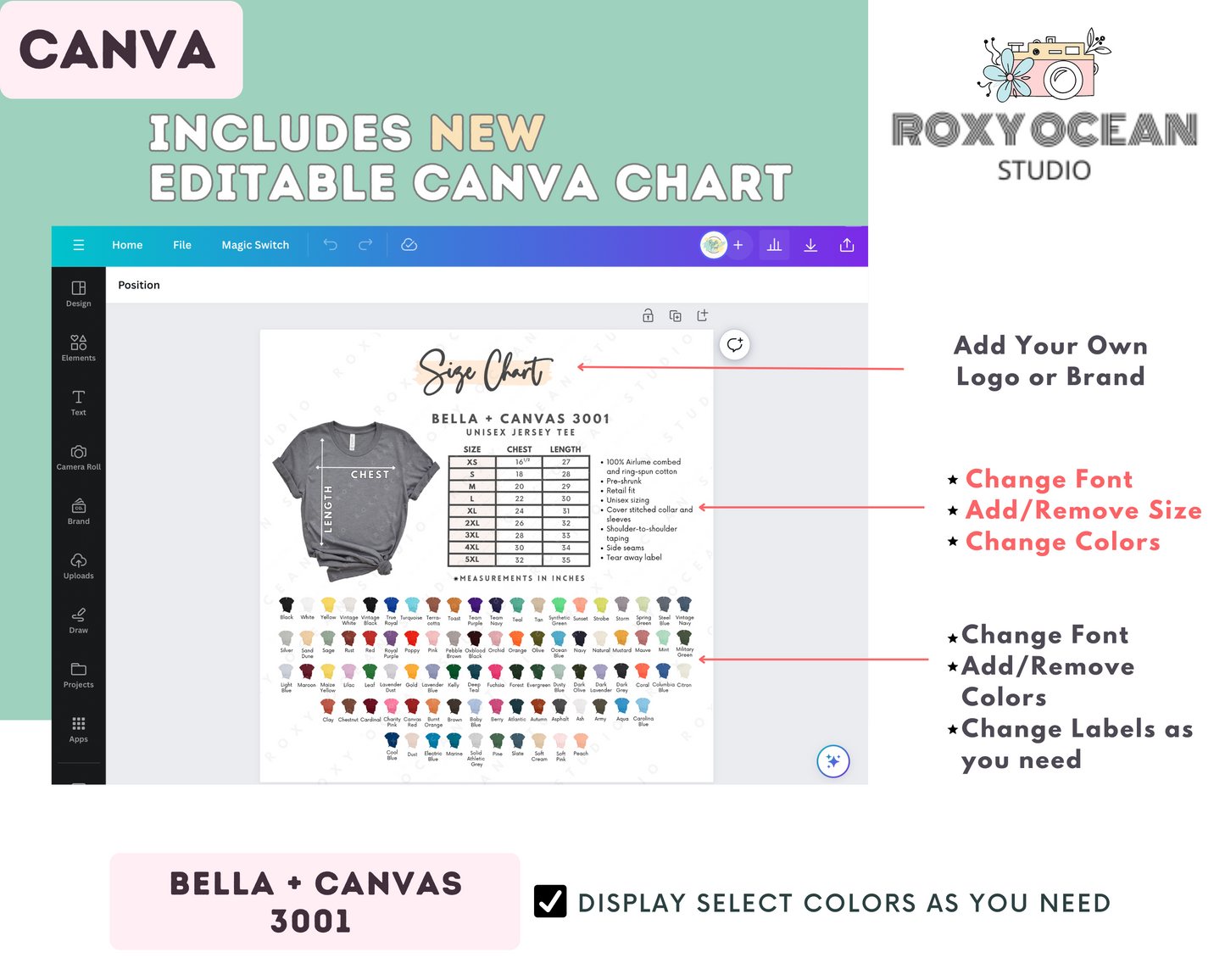 Bella + Canvas 3001 Unisex Size Chart + Color Chart (Editable)