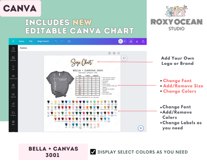Bella + Canvas 3001 Unisex Size Chart + Color Chart (Editable)