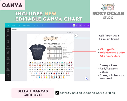 Bella + Canvas 3001 CVC Unisex Size Chart + Color Chart (Editable)