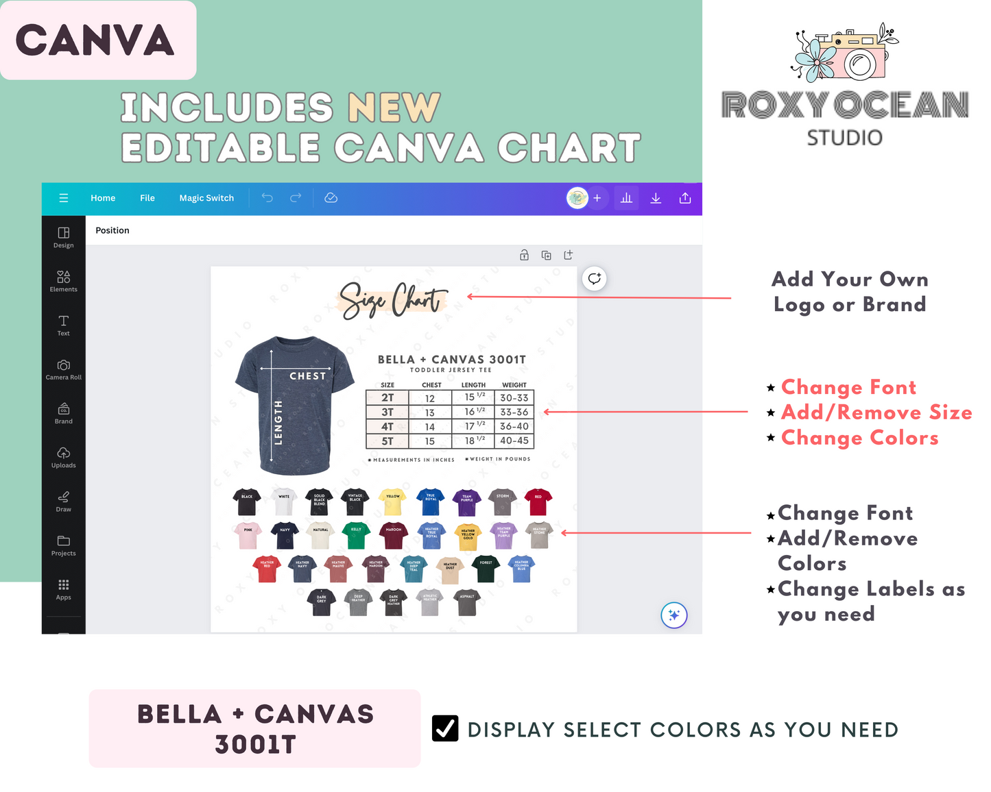 Bella + Canvas 3001T Toddler Size Chart + Color Chart (Editable)