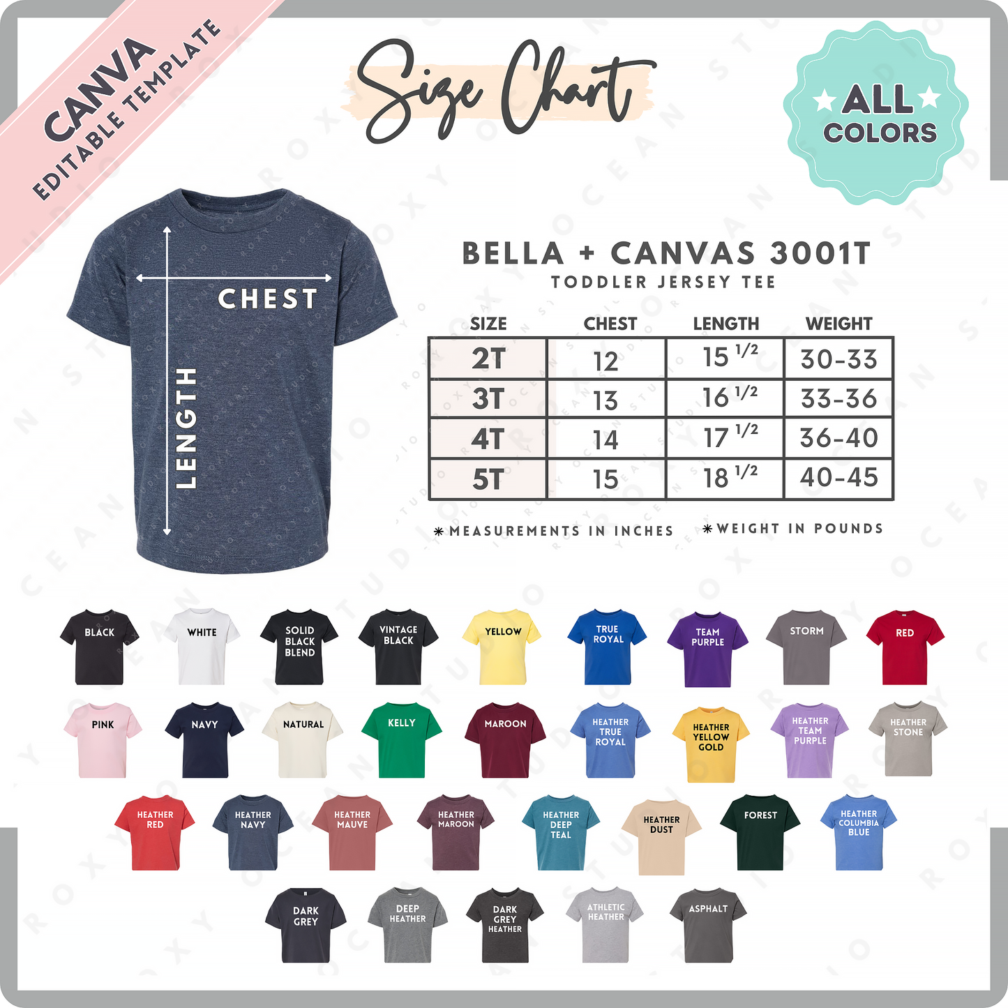 Bella + Canvas 3001T Toddler Size Chart + Color Chart (Editable)