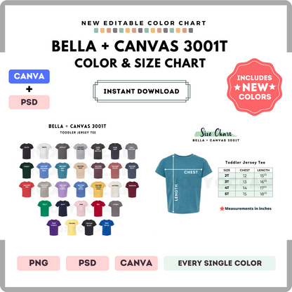 Bella Canvas 3001T Color and Size Chart