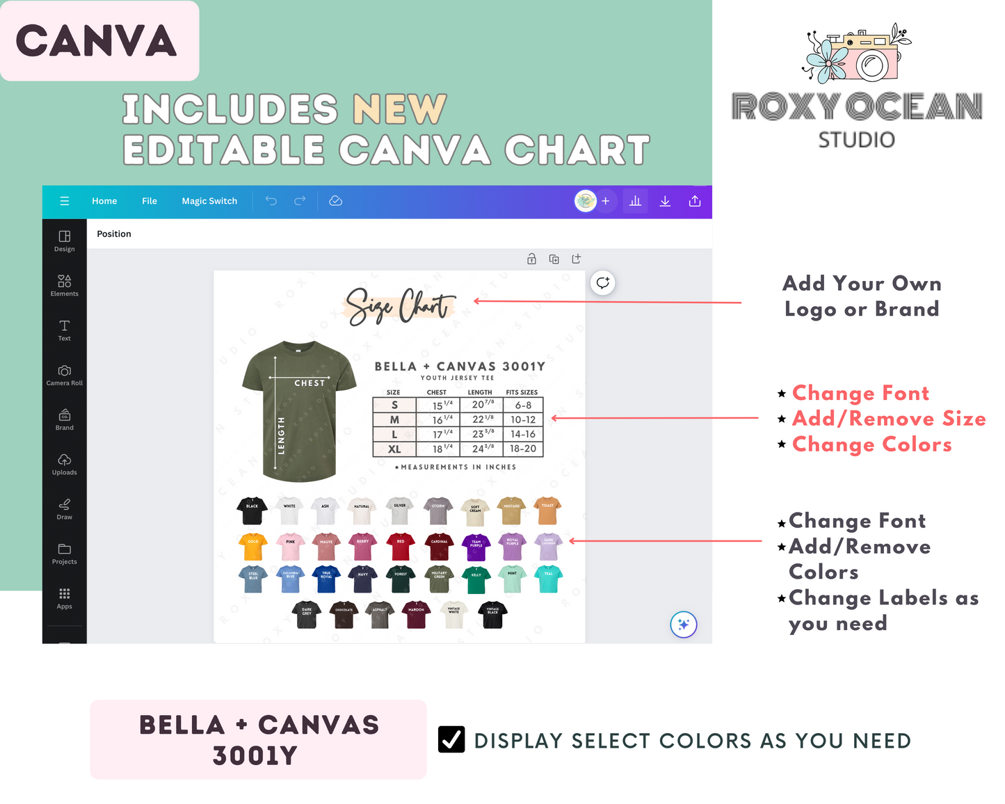Bella + Canvas 3001Y Youth Size Chart + Color Chart (Editable)
