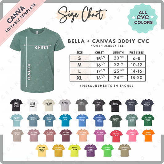 Bella + Canvas 3001Y CVC Youth Size Chart + Color Chart (Editable)