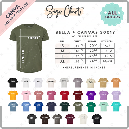 Bella + Canvas 3001Y Youth Size Chart + Color Chart (Editable)