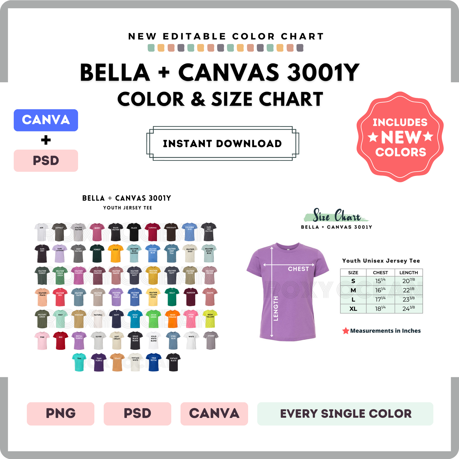 Bella Canvas 3001Y Color and Size Chart