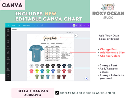 Bella + Canvas 3005 CVC Unisex Size Chart + Color Chart (Editable)