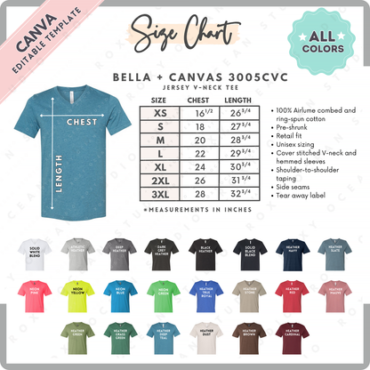 Bella + Canvas 3005 CVC Unisex Size Chart + Color Chart (Editable)