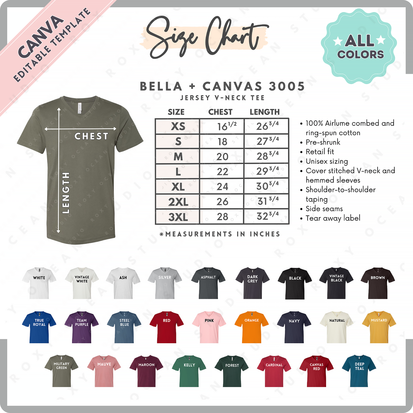 Bella + Canvas 3005 Unisex Size Chart + Color Chart (Editable)