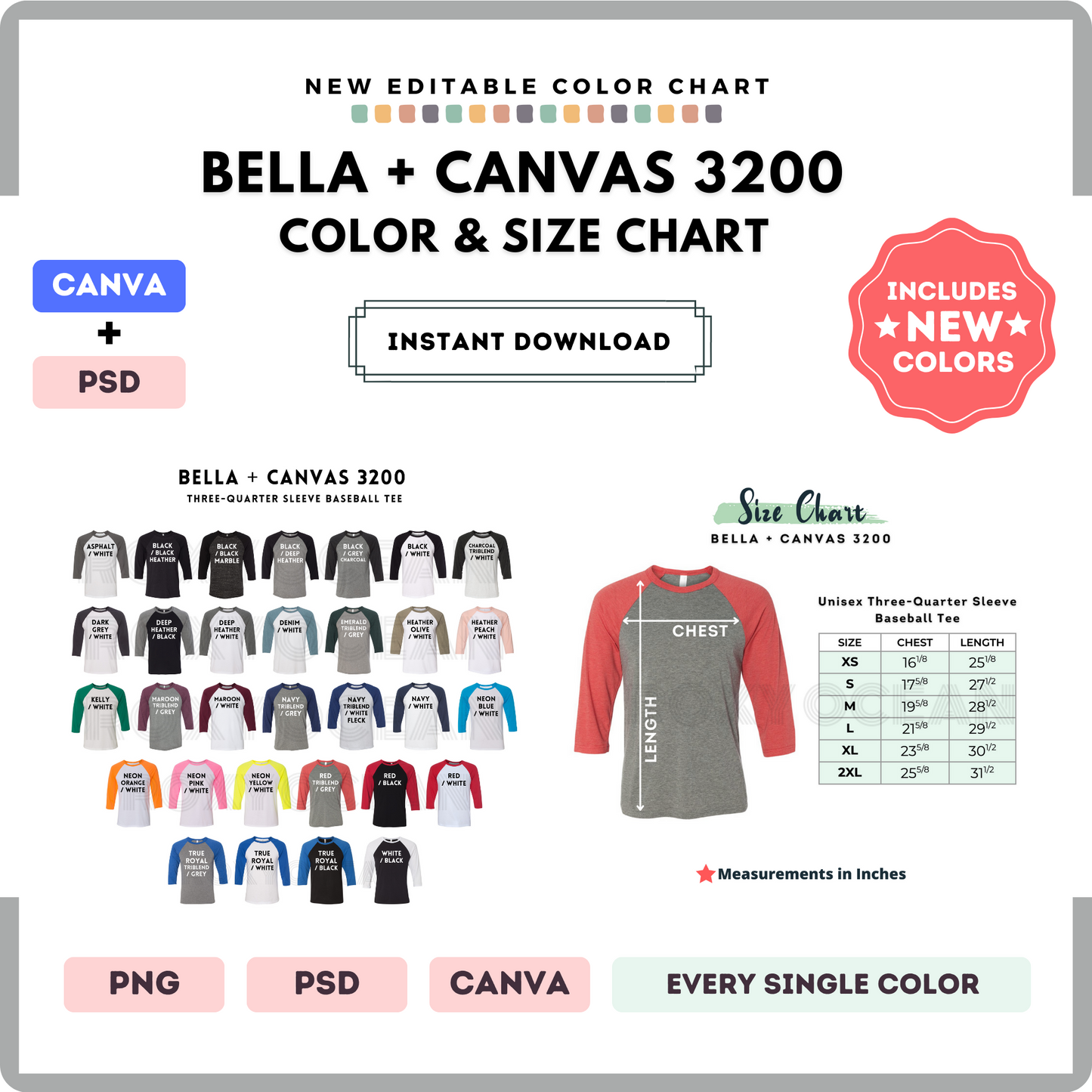 Bella Canvas 3200 Color and Size Chart