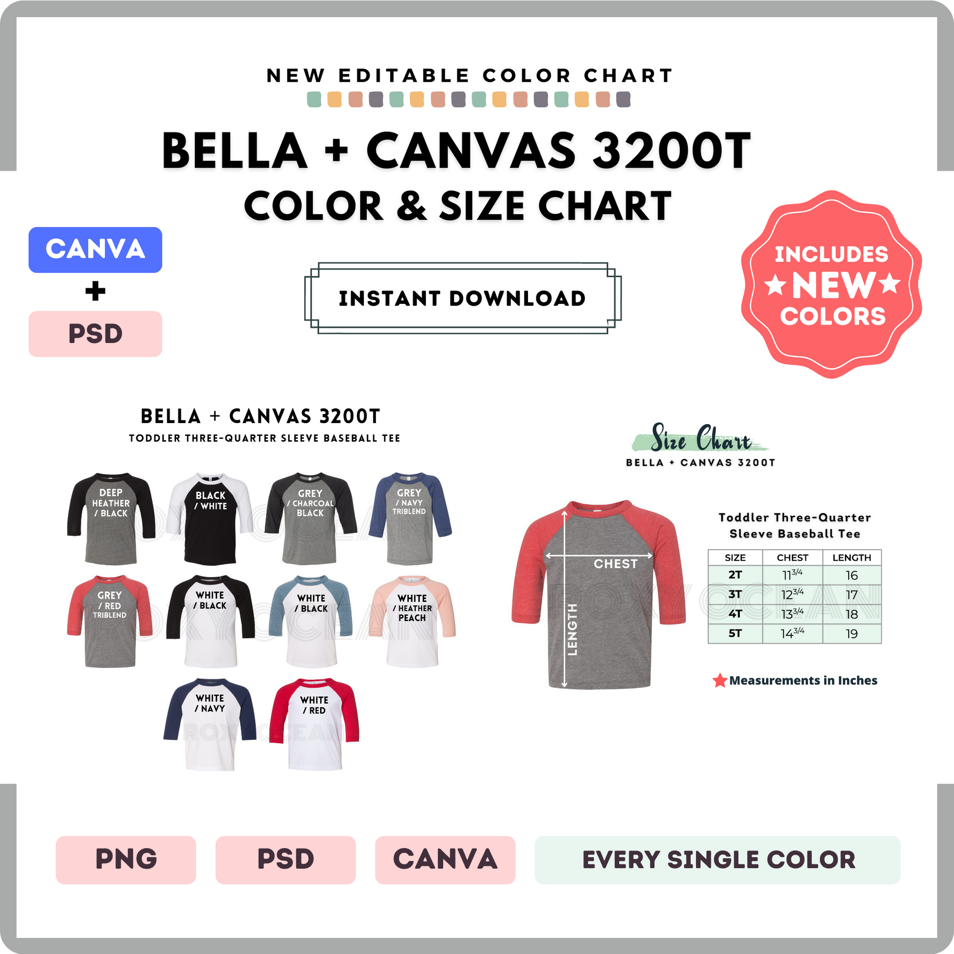 Bella Canvas 3200T Color and Size Chart
