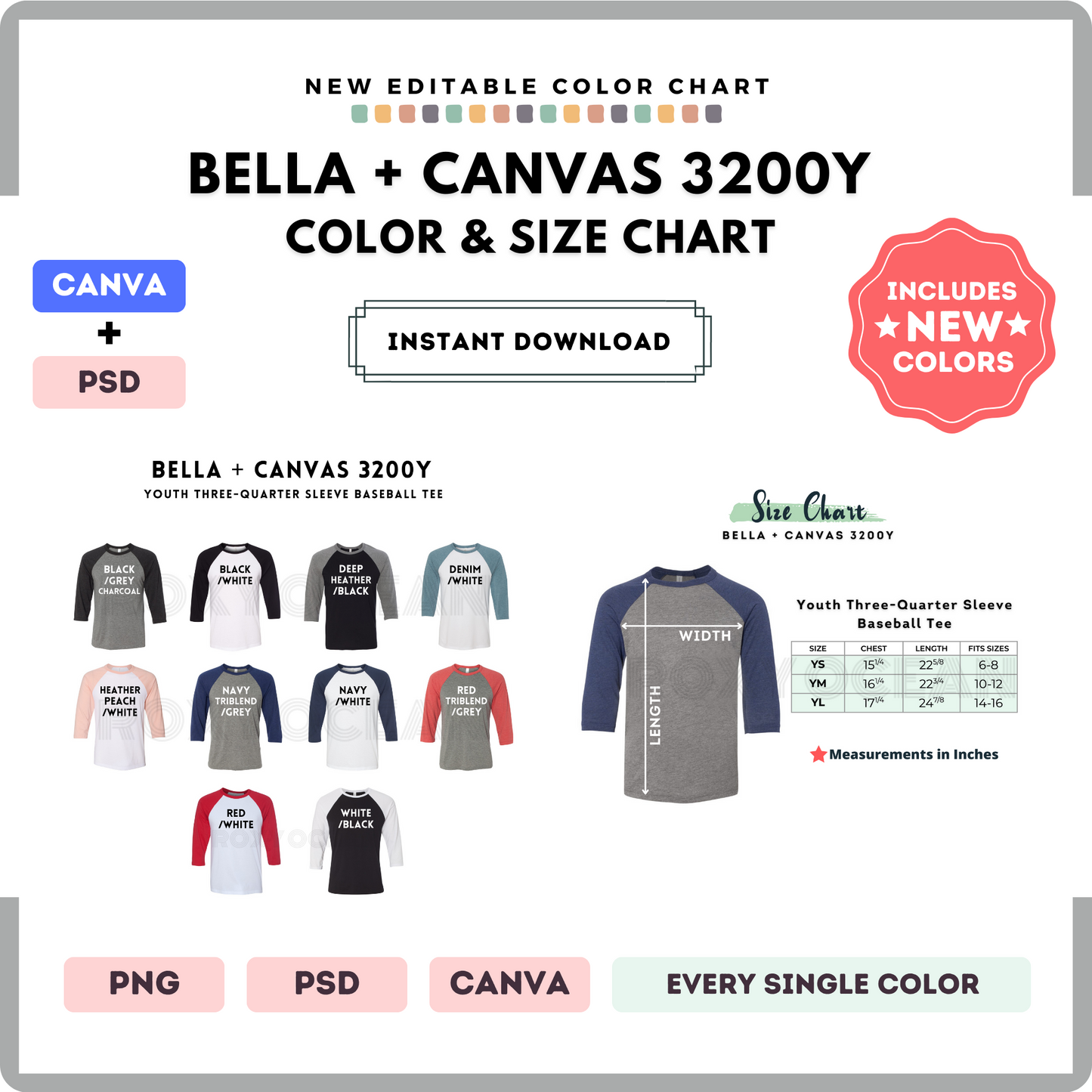 Bella Canvas 3200Y Color and Size Chart