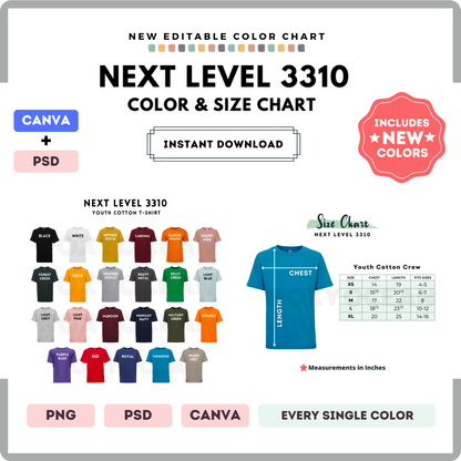 Next Level 3310 Color and Size Chart