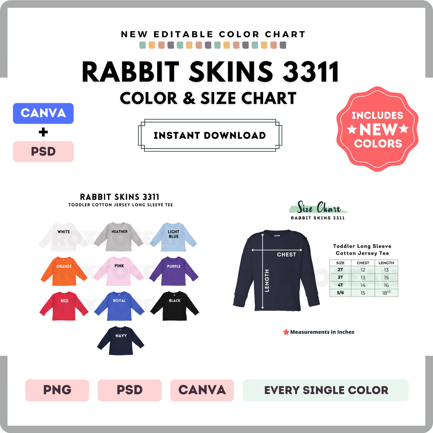 Rabbit Skins 3311 Color and Size Chart