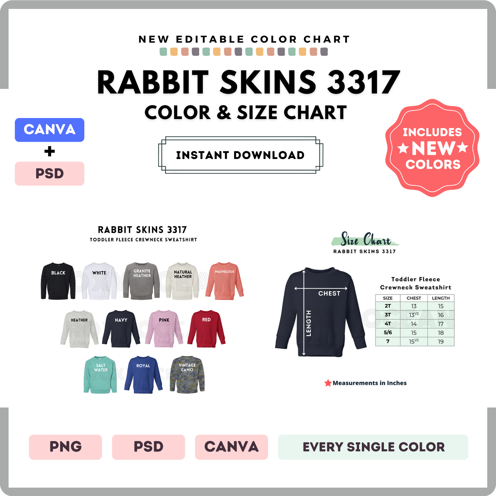 Rabbit Skins 3317 Color and Size Chart