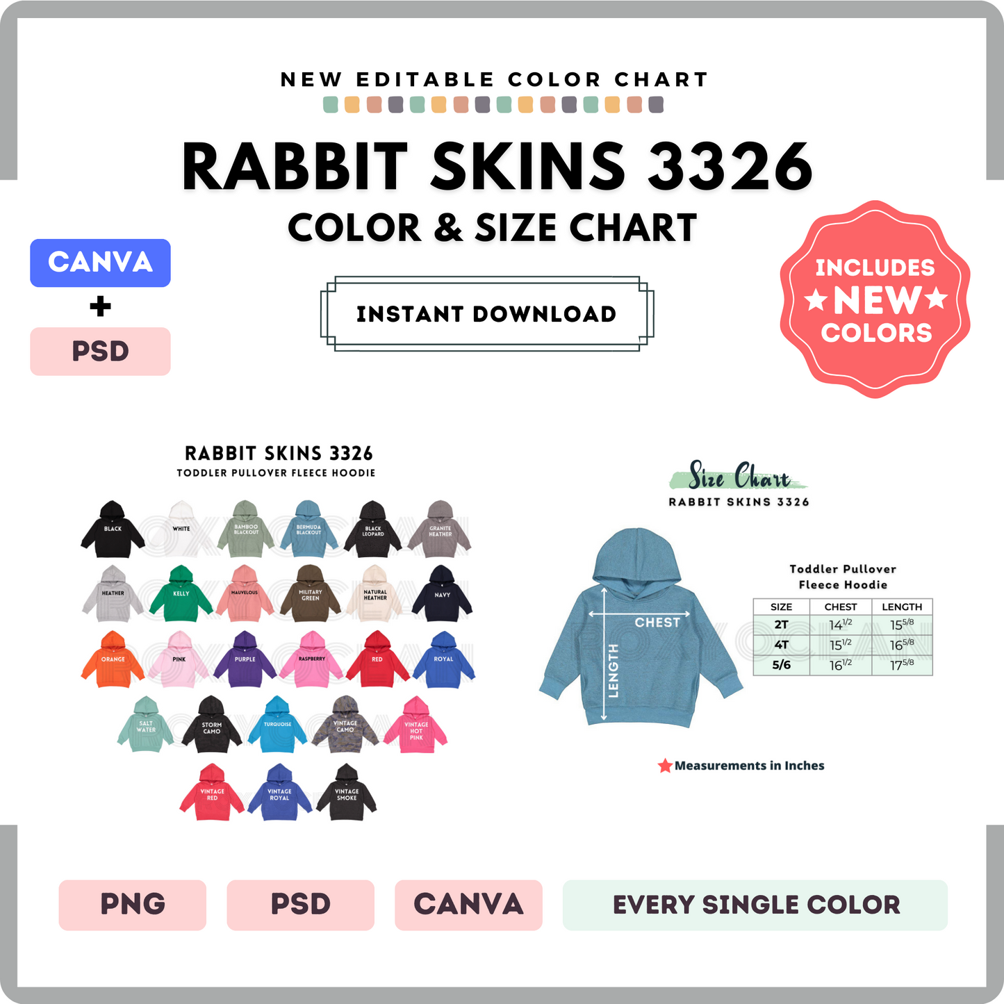 Rabbit Skins 3326 Color and Size Chart