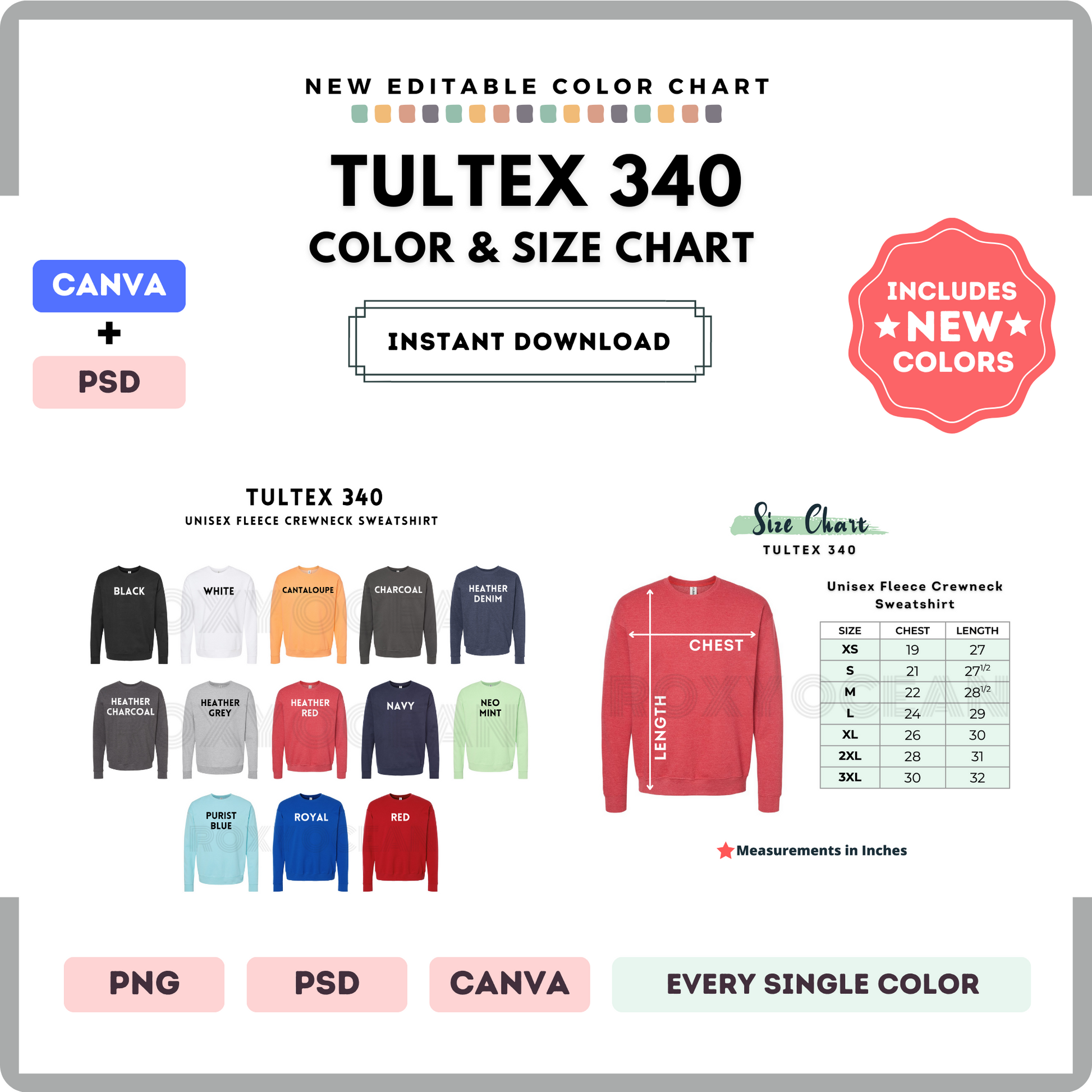 Tultex 340 Color and Size Chart