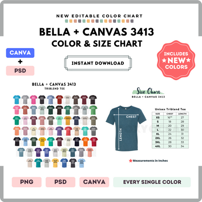 Bella Canvas 3413 Color and Size Chart