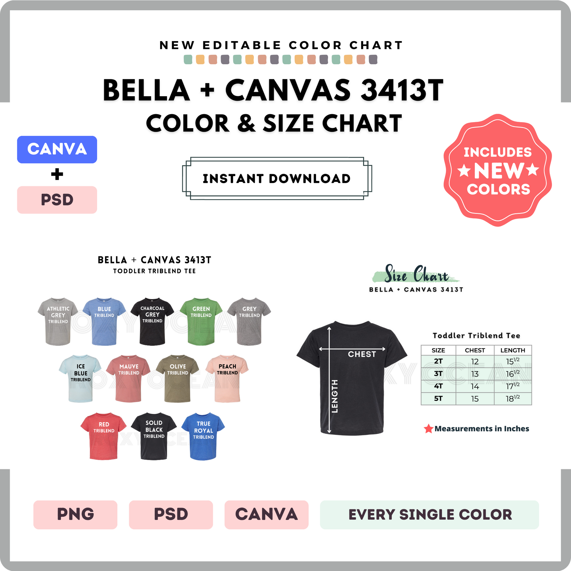 Bella Canvas 3413T Color and Size Chart