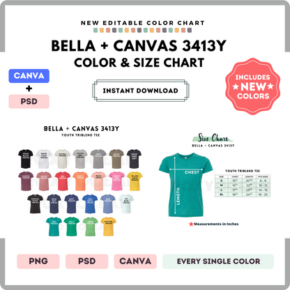 Bella Canvas 3413Y Color and Size Chart