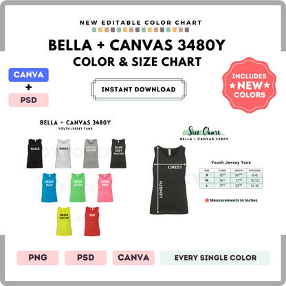 Bella Canvas 3480Y Color and Size Chart