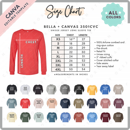 Bella + Canvas 3501 CVC Unisex Size Chart + Color Chart (Editable)
