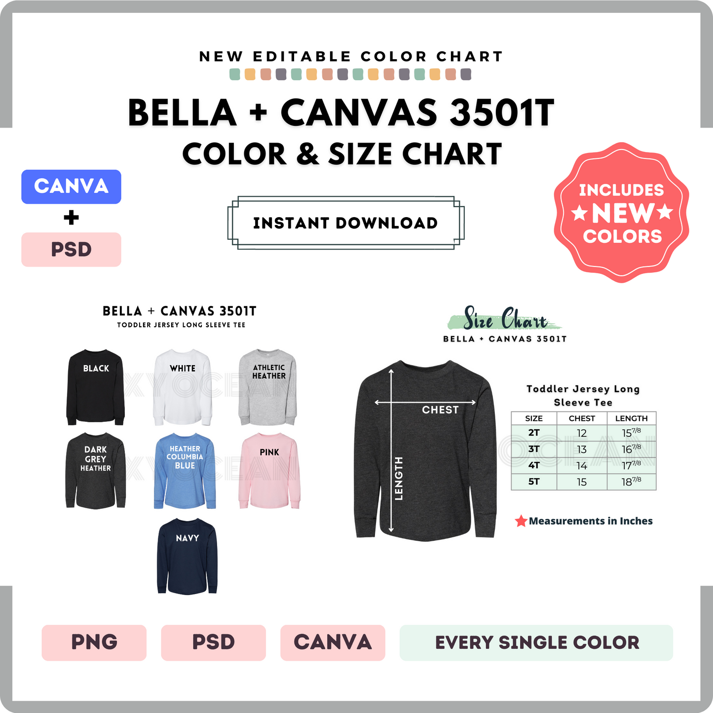 Bella Canvas 3501T Color and Size Chart