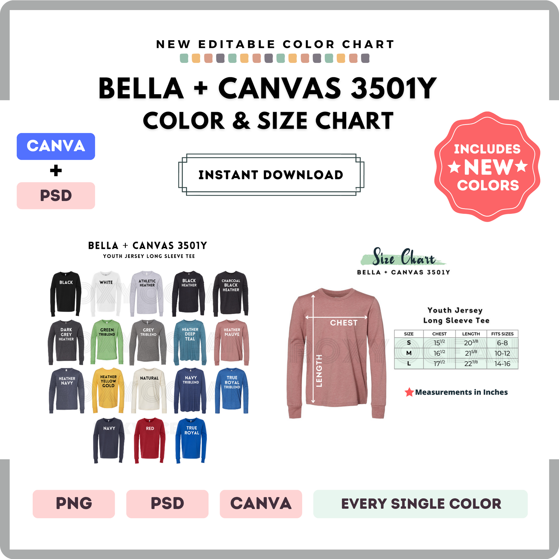 Bella Canvas 3501Y Color and Size Chart