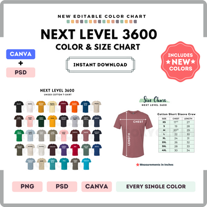 Next Level 3600 Color and Size Chart
