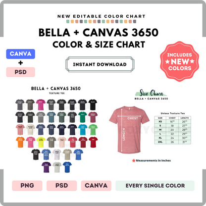 Bella Canvas 3650 Color and Size Chart
