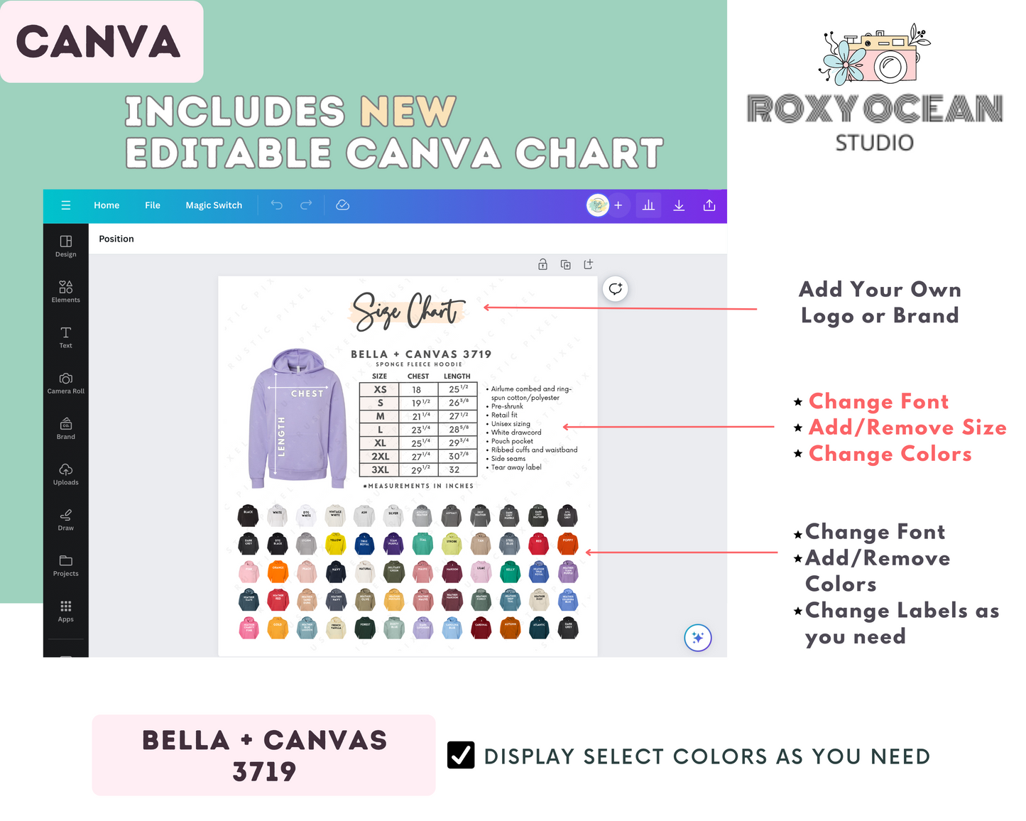 Bella + Canvas 3719 Unisex Size Chart + Color Chart (Editable)