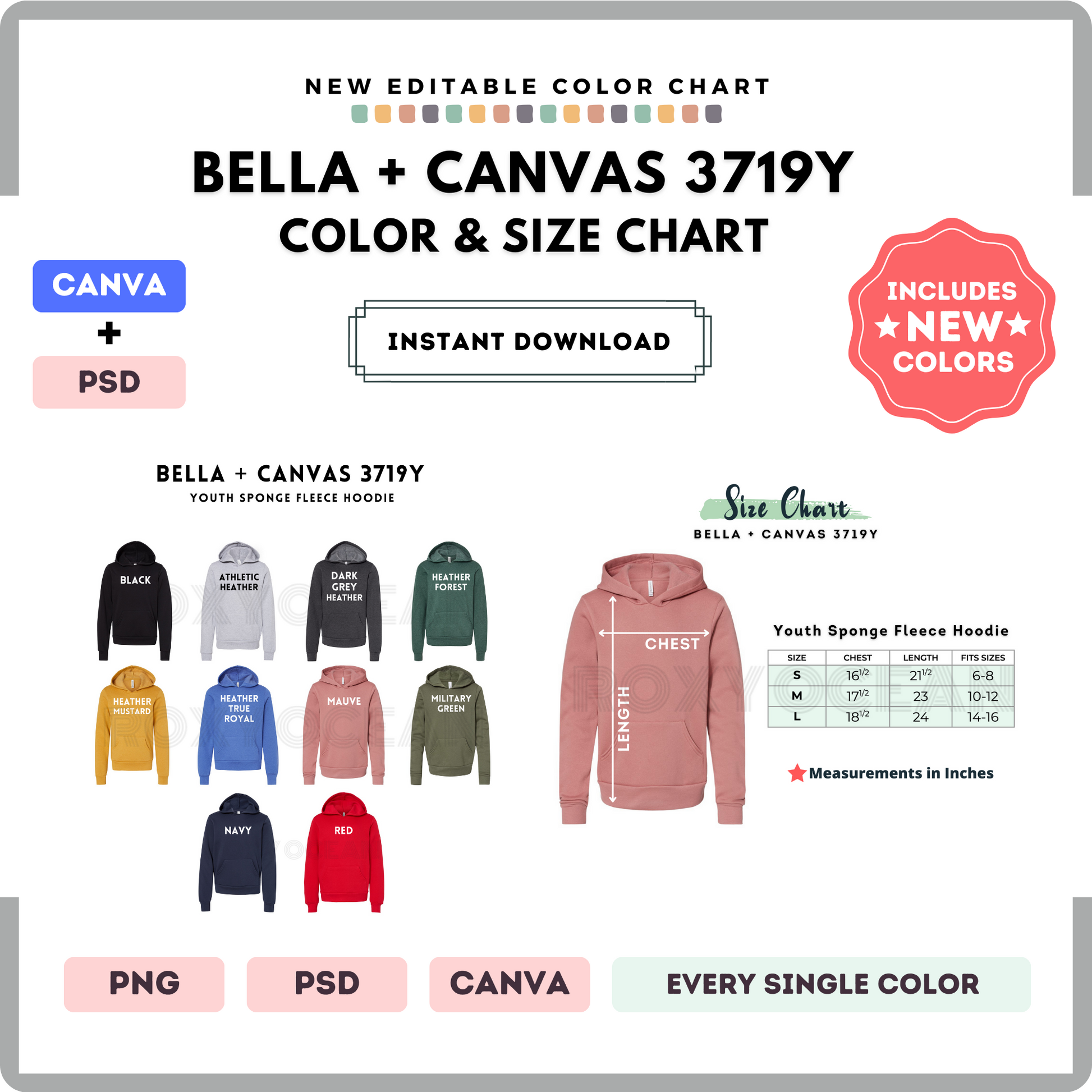 Bella Canvas 3719Y Color and Size Chart